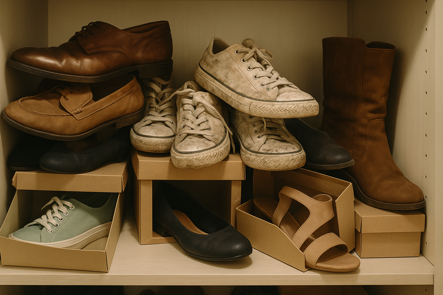 Sapatos organizados de forma incorreta em prateleira bagunçada.